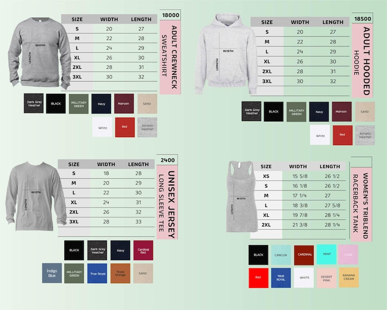 K&ouml;nnte beinhalten: Produktkatalog mit Gr&ouml;&szlig;entabellen f&uuml;r Crewneck-Sweatshirts f&uuml;r Erwachsene, Hoodies f&uuml;r Erwachsene, Unisex-Langarmshirts und Racerback-Tanks f&uuml;r Damen. Farbmuster sind ebenfalls abgebildet.