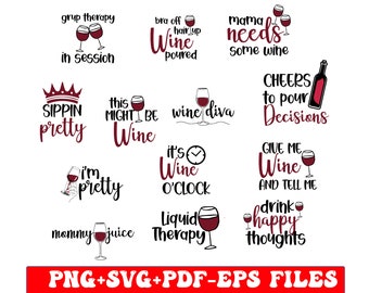 Paquete de archivos SVG con frases sobre vino: calcomanías para amantes del vino, archivos de corte para Cricut y Silhouette.
