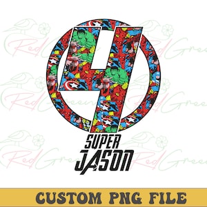 May include: A red, yellow and blue circle with the number 4 in the centre. The circle is filled with images of superheroes from the Avengers. The text "SUPER JASON" is below the circle.