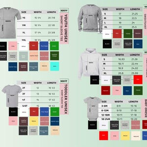 K&ouml;nnte beinhalten: Eine Gr&ouml;&szlig;entabelle f&uuml;r Unisex-T-Shirts mit kurzen &Auml;rmeln f&uuml;r Jugendliche und Kleinkinder, Sweatshirts mit Rundhalsausschnitt f&uuml;r Jugendliche, Kapuzenpullover f&uuml;r Jugendliche und Baby-Bodys. Die Tabelle zeigt Gr&ouml;&szlig;en, Breiten und L&auml;ngen in cm.