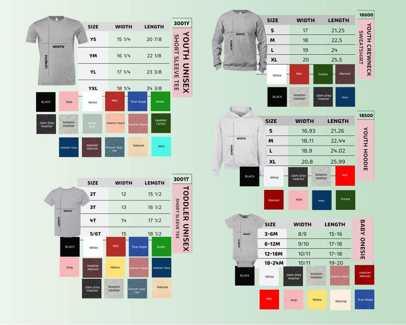 K&ouml;nnte beinhalten: Eine Gr&ouml;&szlig;entabelle f&uuml;r Unisex-T-Shirts mit kurzen &Auml;rmeln f&uuml;r Jugendliche und Kleinkinder, Sweatshirts mit Rundhalsausschnitt f&uuml;r Jugendliche, Kapuzenpullover f&uuml;r Jugendliche und Baby-Bodys. Die Tabelle zeigt Gr&ouml;&szlig;en, Breiten und L&auml;ngen in cm.