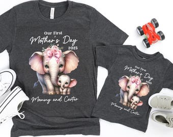 Custom Our First Mother's Day Shirt, Personalized First Mothers Day Gift, Matching Mommy And Me T-Shirts, Cute Elephant Mommy And Me Tee