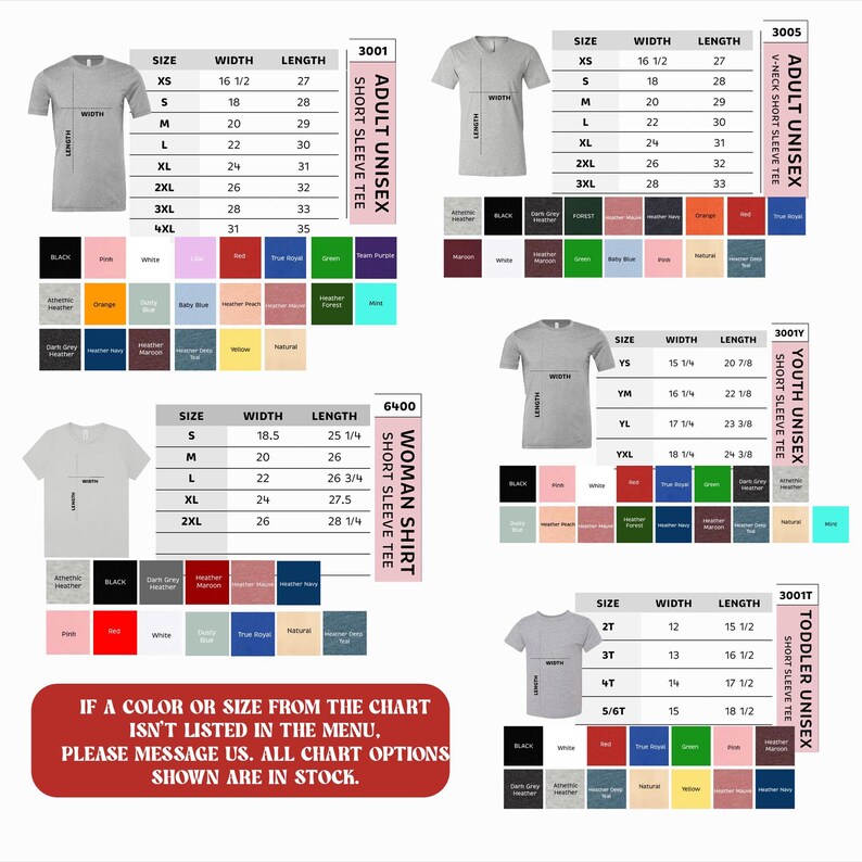 The image is a collage of various t-shirt designs, each with different colors and sizes, including adult and child short sleeve t-shirts.