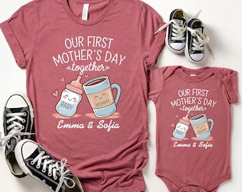 Personalized Mom & Baby Matching Shirts With Custom Names, Cute Coffee And Milk Tee, Our First Mother's Day Gift, Unique New Mama T-Shirt