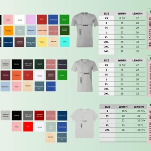 K&ouml;nnte beinhalten: Ein Produktbild mit einer Farbkarte und Gr&ouml;&szlig;entabellen f&uuml;r T-Shirts. Die Karte zeigt eine Reihe von Farben, darunter Schwarz, Rosa und Gr&uuml;n. Gr&ouml;&szlig;entabellen f&uuml;r Unisex-Erwachsenen- und Damenhemden sind ebenfalls enthalten, mit Ma&szlig;en in cm.