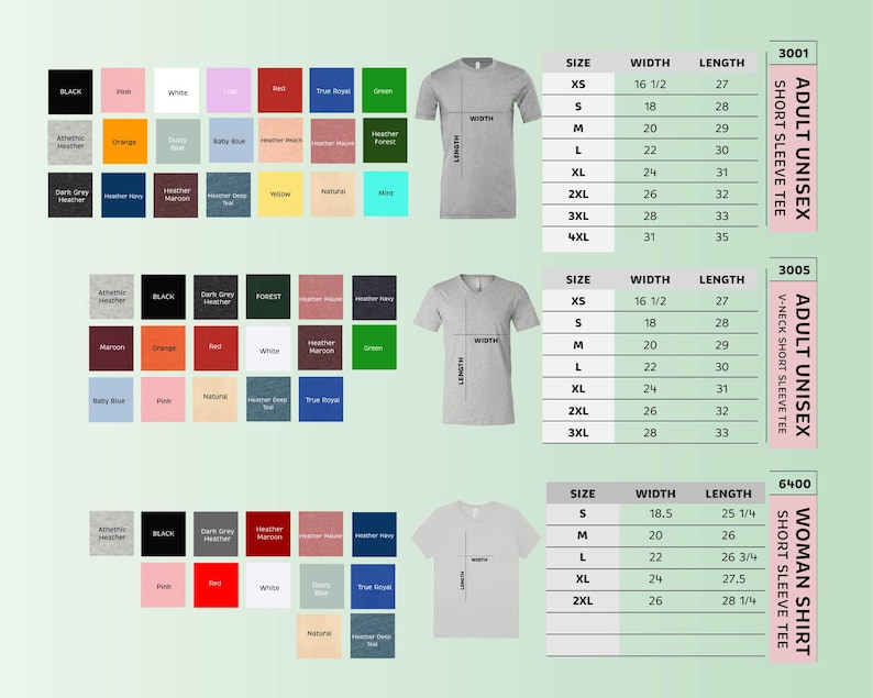 K&ouml;nnte beinhalten: Ein Produktbild mit einer Farbkarte und Gr&ouml;&szlig;entabellen f&uuml;r T-Shirts. Die Karte zeigt eine Reihe von Farben, darunter Schwarz, Rosa und Gr&uuml;n. Gr&ouml;&szlig;entabellen f&uuml;r Unisex-Erwachsenen- und Damenhemden sind ebenfalls enthalten, mit Ma&szlig;en in cm.