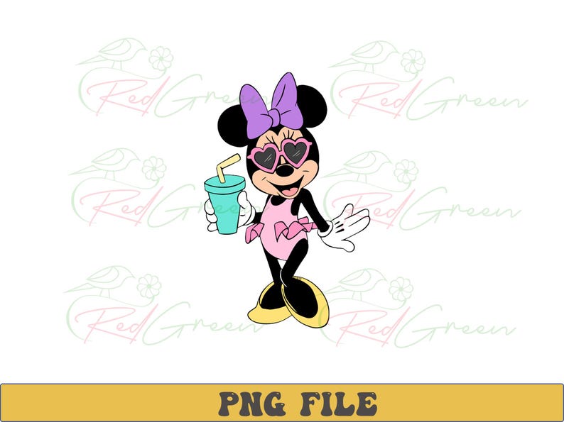 May include: A cartoon illustration of Minnie Mouse in a pink swimsuit, heart-shaped sunglasses, and a purple bow. She holds a teal drink with a yellow straw and waves with a white-gloved hand. The image has the text "PNG FILE" at the bottom.
