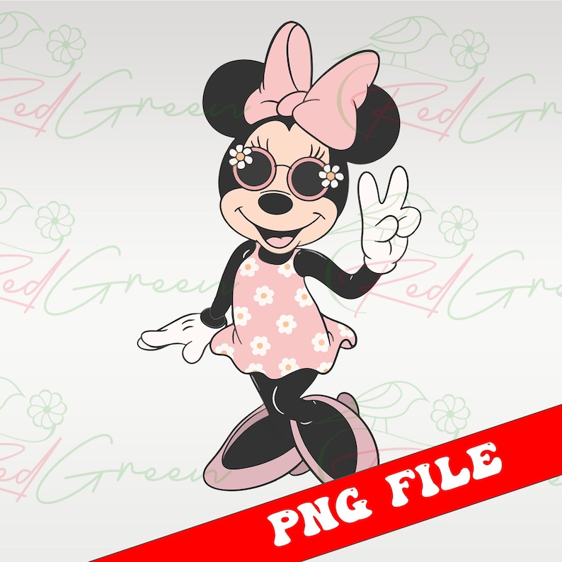 May include: A cartoon illustration of a mouse character wearing a pink dress with white daisy patterns, sunglasses with daisy accents, and a large pink bow. The mouse is making a peace sign with its hand. The image has a red banner that says "PNG FILE".