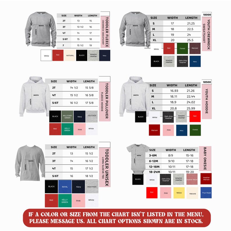 a collection of different sizes and colors of hooded sweatshirts, along with their corresponding widths and lengths. The chart provides a visual representation of the available sizes and colors for the sweatshirts.