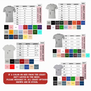 The image is a collage of various t-shirt designs, each with different colors and sizes, including adult and child short sleeve t-shirts.