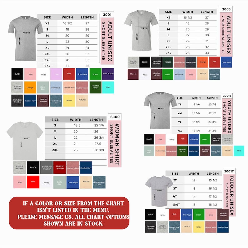The image is a collage of various t-shirt designs, each with different colors and sizes, including adult and child short sleeve t-shirts.