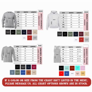 The image is a collage of four different sweatshirt designs, each with a unique color and size. The sweatshirt designs include a gray hoodie, a white hoodie, a gray sweatshirt, and a gray 3/4 size. The image also includes a color chart that lists the available colors and sizes, as well as a message that informs users that the chart is not listed in the menu and that all chart options are in stock.