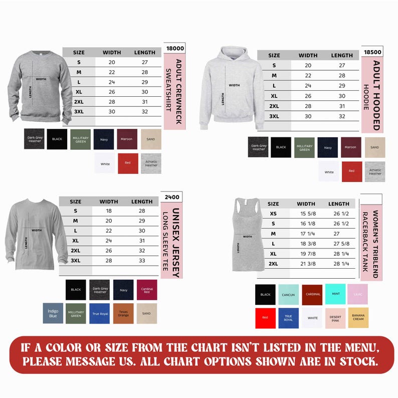 The image is a collage of four different sweatshirt designs, each with a unique color and size. The sweatshirt designs include a gray hoodie, a white hoodie, a gray sweatshirt, and a gray 3/4 size. The image also includes a color chart that lists the available colors and sizes, as well as a message that informs users that the chart is not listed in the menu and that all chart options are in stock.