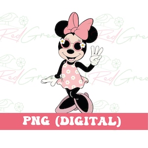 May include: A cartoon illustration of Minnie Mouse in a pink dress with white daisy accents, sunglasses, and a matching bow. She is giving a peace sign. The image has the text "PNG (DIGITAL)" in a pink banner at the bottom.