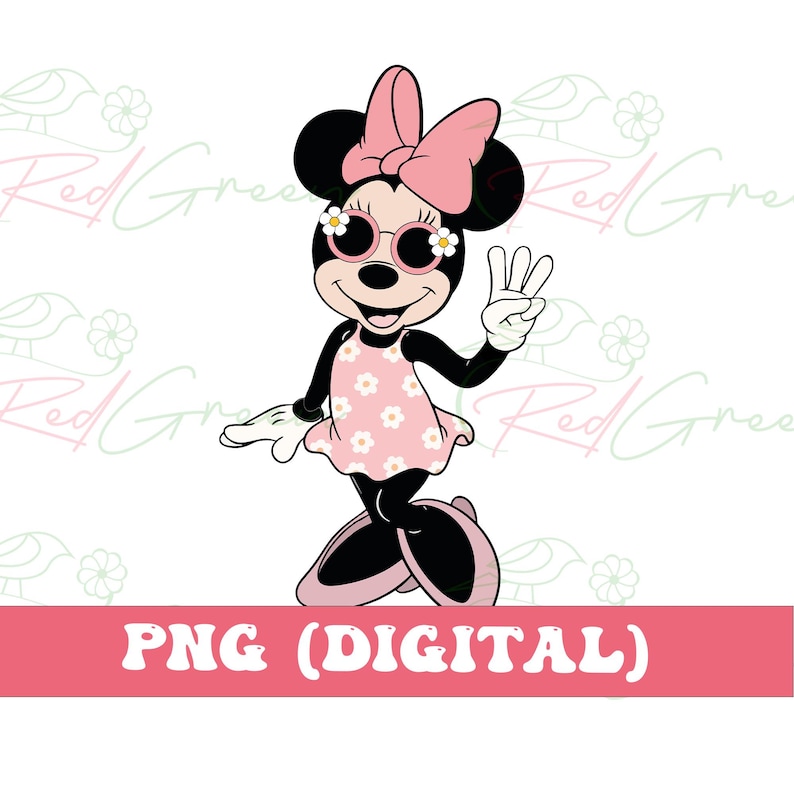 May include: A cartoon illustration of Minnie Mouse in a pink dress with white daisy accents, sunglasses, and a matching bow. She is giving a peace sign. The image has the text "PNG (DIGITAL)" in a pink banner at the bottom.