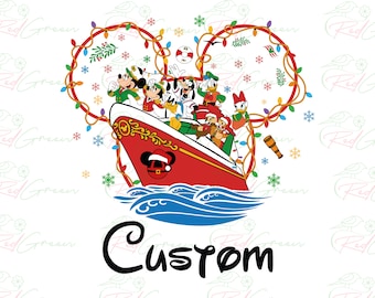 May include: A red and white ship with a Mickey Mouse head design, surrounded by Christmas lights and snowflakes. The ship is filled with Disney characters, including Mickey Mouse, Minnie Mouse, Donald Duck, Goofy, and Pluto. The text "Custom" is written below the ship.