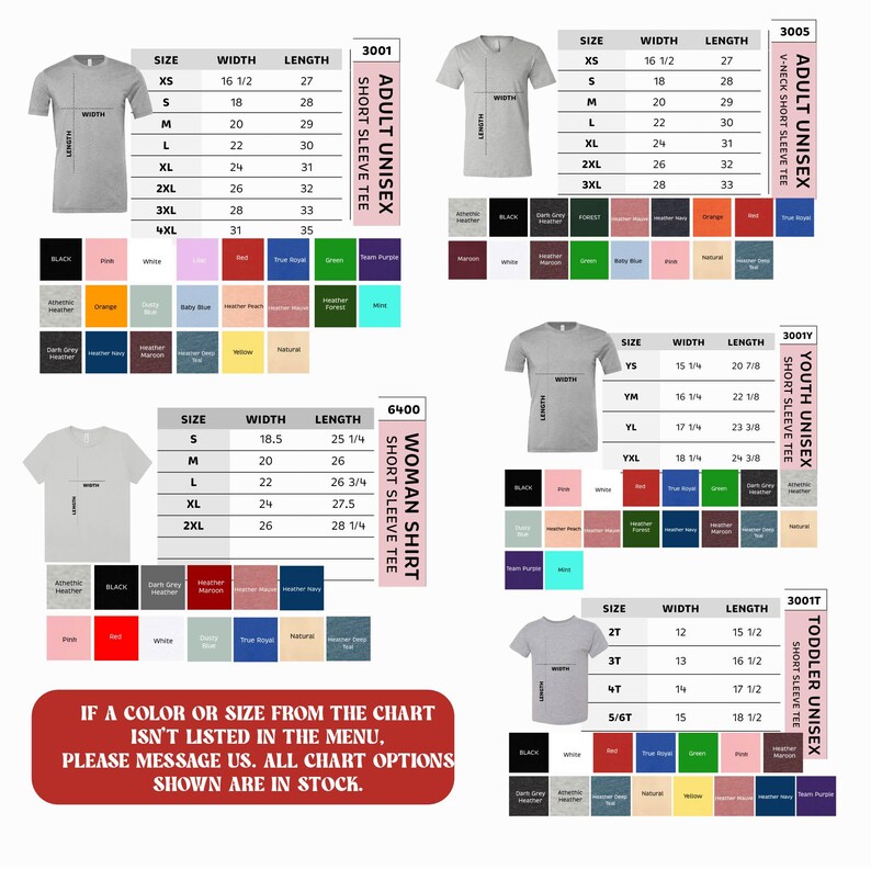 The image is a collage of various t-shirt designs, including different sizes and colors, as well as a chart listing the sizes and corresponding t-shirt designs.