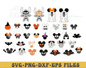 May include: A set of 30 Halloween-themed SVG cut files featuring various characters, including Mickey Mouse, Stitch, Jack Skellington, and ghosts. The designs are in black and orange.
