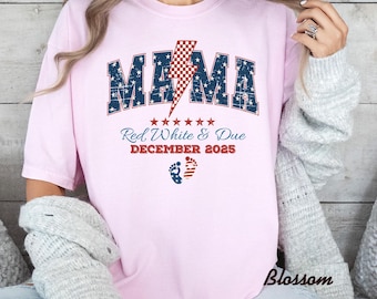 Comfort Colors 4th of July Pregnancy Announcement Shirt: Red White & Due Maternity Tee