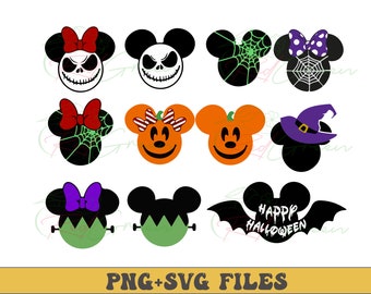 May include: A set of 10 Halloween-themed SVG cut files featuring Mickey Mouse, Minnie Mouse, Jack Skellington, Sally, and other characters. The designs include a spiderweb, a pumpkin, a witch's hat, and a bat with the text "Happy Halloween".