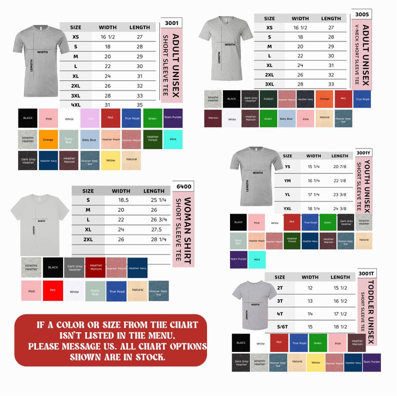 The image is a collage of various t-shirt designs, including different sizes and colors, as well as a chart listing the sizes and corresponding t-shirt designs.