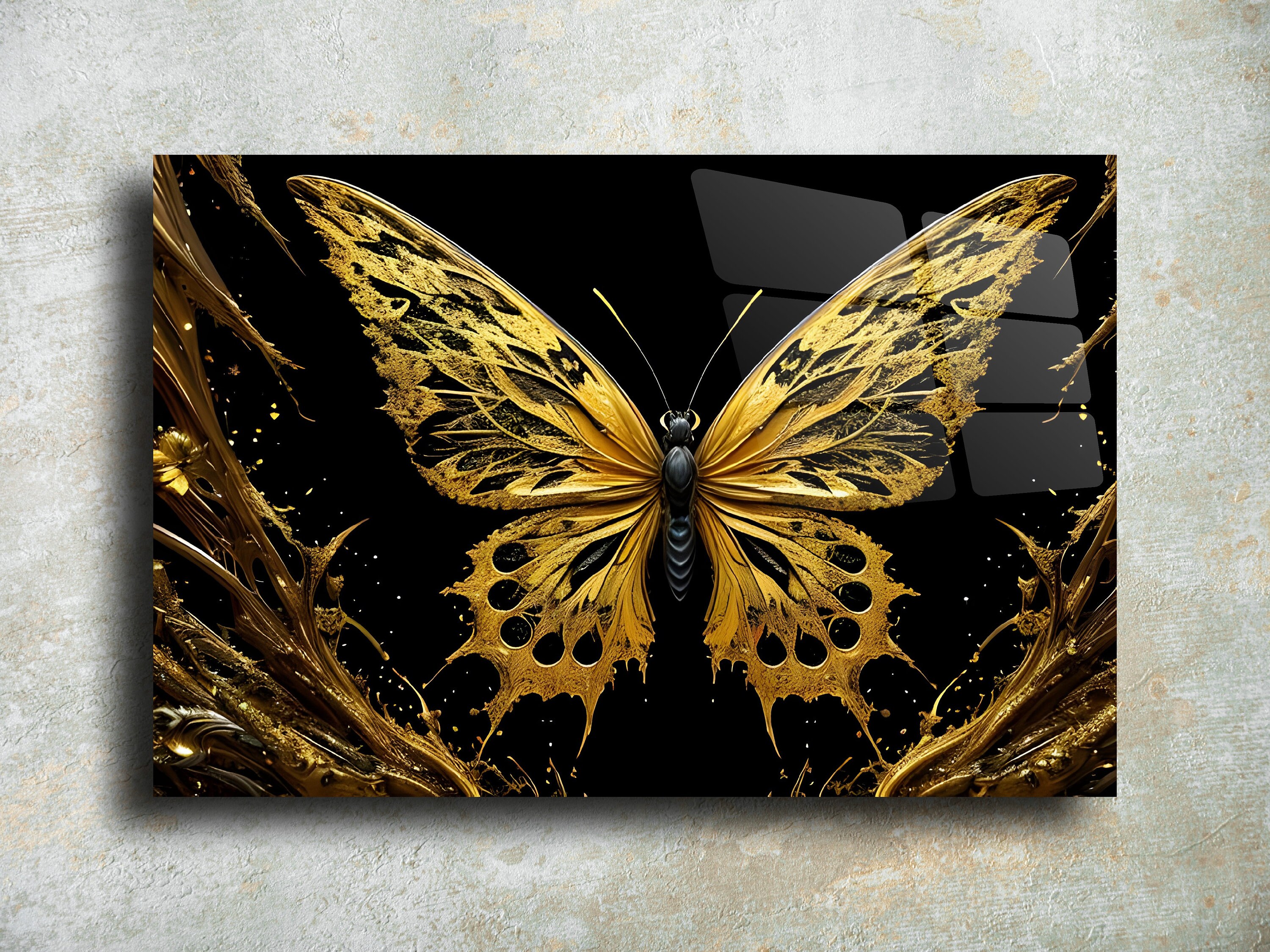 Golden Butterfly Photo Modern Glass Wall Hanging Art Printing Digital ...