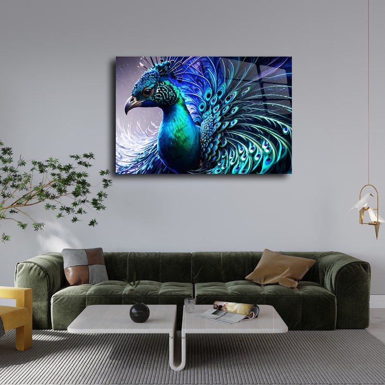 Blue Peacock Image Printed Trendy Modern Large Glass Wall Hanging Art ...