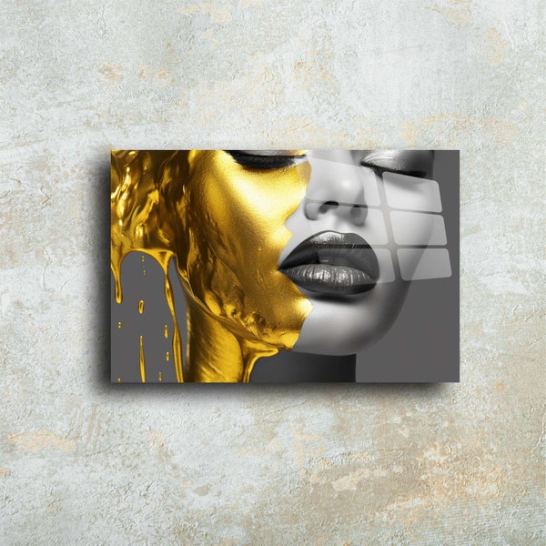 Gold and Grey Woman Face Design Modern Tempered Glass Wall Hanging - Large Abstract Vivid UV Printing - Digital Vibrant Paint