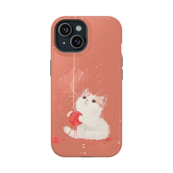 Cute Cat Illustration White Fluffy Kitten Ball of Thread Playing Around Playful Cat White Fur Tail MagSafe Tough Case, iPhone 13 - iPhone 15