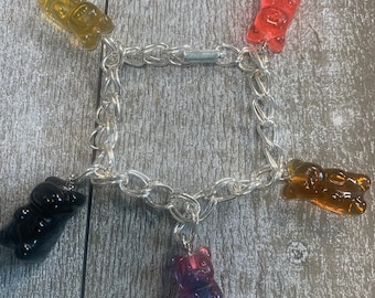 Colorful Spectrum Resin Gummy Bear Charm Bracelet with Snap lock connection and large chain.