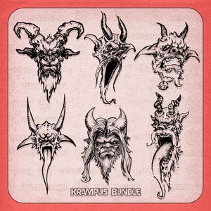May include: A set of six black and white illustrations of Krampus, a mythical creature from Alpine folklore. The illustrations feature different expressions and details, including horns, fangs, and a long tongue.