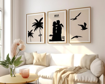 Set of three cocooning posters to personalize - summer edition - palm trees, couples, birds