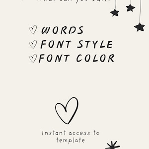 May include: A cream-colored graphic with black text and illustrations. The text reads "What can you edit?" followed by "WORDS," "FONT STYLE," and "FONT COLOR." A heart and star shapes are also included.