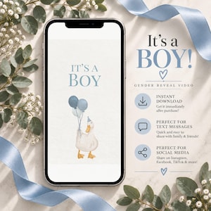 May include: A smartphone screen displaying a digital gender reveal announcement with the text It's a BOY! and an illustration of a white duck wearing a blue party hat and holding three blue and white balloons against a light background.