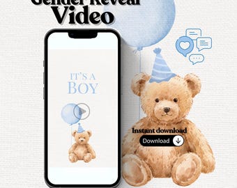 Vídeo de revelación de género con osito de peluche / Revelación de que es un niño / Vídeo de anuncio de bebé niño / Descarga instantánea / Revelación por mensaje de texto / Redes sociales para bebés