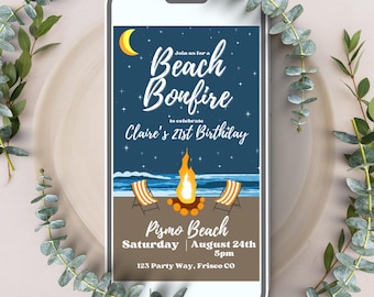 Animated Beach Bonfire Invitation, Editable Canva Video Invite, Beach Party Invitation, Digital Text Message Invite, Summer Party Template