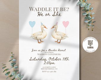Duck Gender Reveal Invitation Template | Waddle It Be Baby Shower Invite | Editable 5x7 Canva Template | Printable or Digital Download
