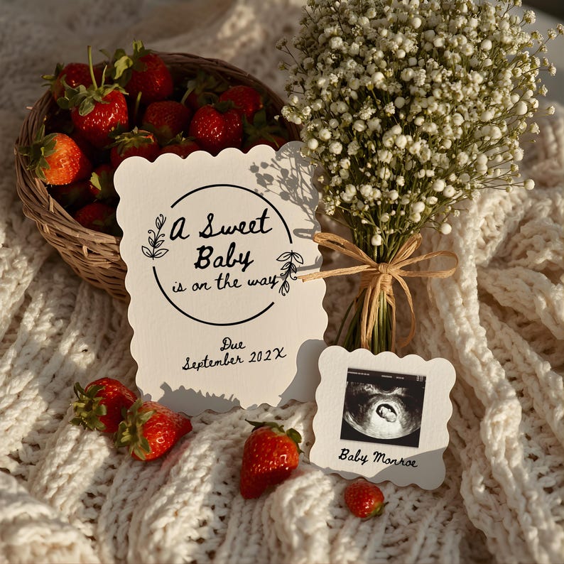 May include: A basket of fresh red strawberries, a bouquet of white flowers, and two announcement cards. One card reads "A Sweet Baby is on the way" and "Due September 202X". The other card displays a sonogram image and the name "Baby Monroe".