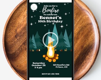 Animated Bonfire Birthday Invitation, Canva Template, Campfire Party Invite, Editable Video Invitation, Text Message Invite, Outdoor Birthda