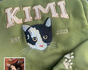 Custom Cat Face Embroidery Sweatshirt from Your Photo, Personalized Cat Face with Cat Name Sweatshirt, Custom Cat Lover Embroidery Shirt