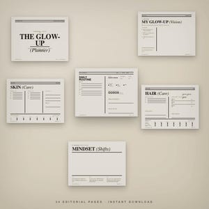 Könnte beinhalten: Ein Set aus sechs beigefarbenen Planerseiten mit schwarzem Text und Linien. Die Seiten enthalten Überschriften wie THE GLOW-UP (Planner), MY GLOW-UP (Vision), SKIN (Care), DAILY ROUTINE, HAIR (Care) und MINDSET (Shifts) mit verschiedenen Checklisten.