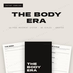 Könnte beinhalten: Ein digitaler Planer mit dem Titel THE BODY ERA, bestehend aus einem schwarzen Einband mit weißem Text und zwei weißen Innenseiten mit schwarzem Text. Die Seiten enthalten die Überschriften THE WEEK und THE CYCLE sowie undatierte Bereiche.