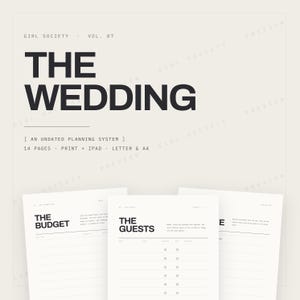 Könnte beinhalten: Ein digitales Hochzeitsplanungssystem mit dem Titel The Wedding, Girl Society Vol. 07. Enthält 14 Seiten zum Ausdrucken oder für das iPad in den Formaten Letter und A4. Abschnitte für The Budget und The Guests mit linierten Vorlagen.