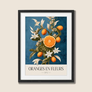 Oranjeboom in bloei afdrukbare muurkunst, Franse botanische citrusboom, citruskeuken wanddecoratie, downloadbare fruitprint #1