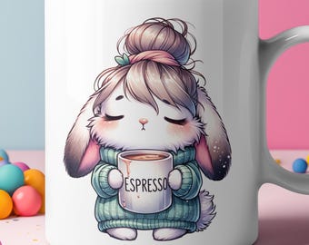 Sleepy Bunny Mug / Kawaii Bunny Coffee Cup / Coffee Lover Mug / Bun Mom Mug / Cute Bunny Mug /Espresso Mug / Messy Bun Mug
