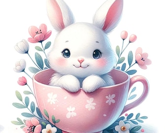 Cute Bunny in a Teacup Clipart – Kawaii Bunny Digital Download for Cards, Crafts, Stickers & Scrapbooking