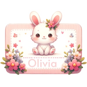 Custom name tag clip art with cute bunny / Printable personalized baby name tag / Cute name tag svg / Printable Bunny Themed Name Baby Tag