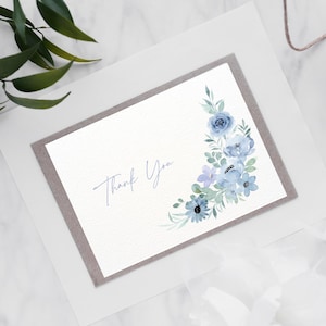 Carte de remerciement florale élégante / carte de remerciement aquarelle bleue simple / carte imprimable minimaliste
