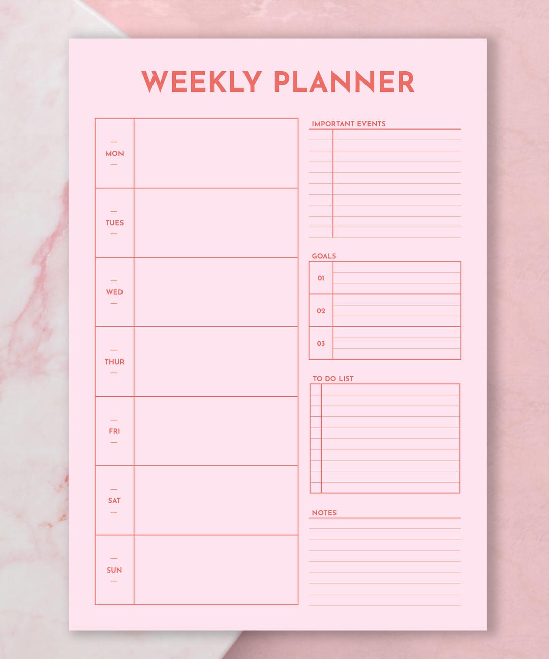 Pink Minimalist Weekly Planner: Printable One Page Design (A4 and ...