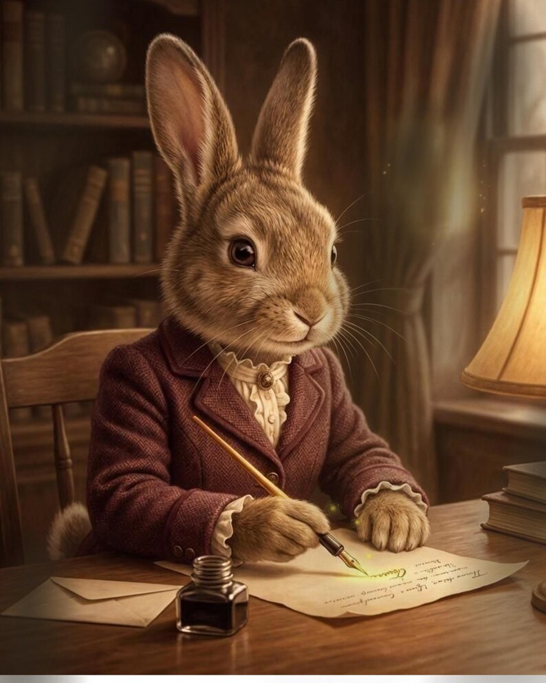 Rare Rabbit Image Writing Vintage Rabbit Writing Letter Wall Art, Cozy Bunny Illustration Print ...